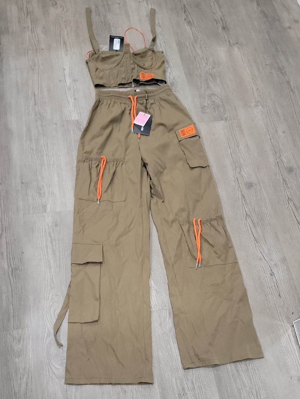 Utility Wide-Leg Cargo Pants in Khaki with Orange Accents